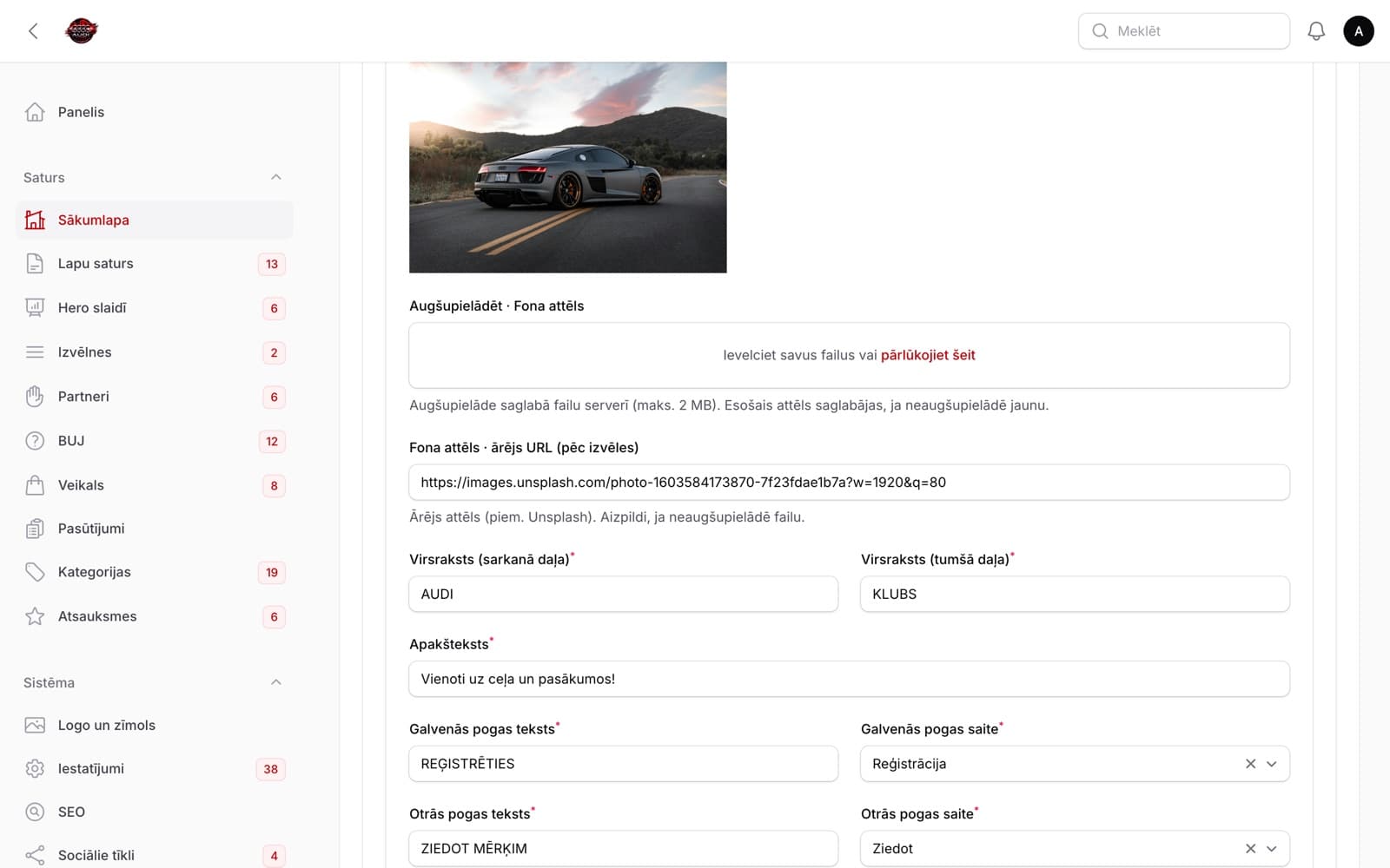 CMS — homepage editor